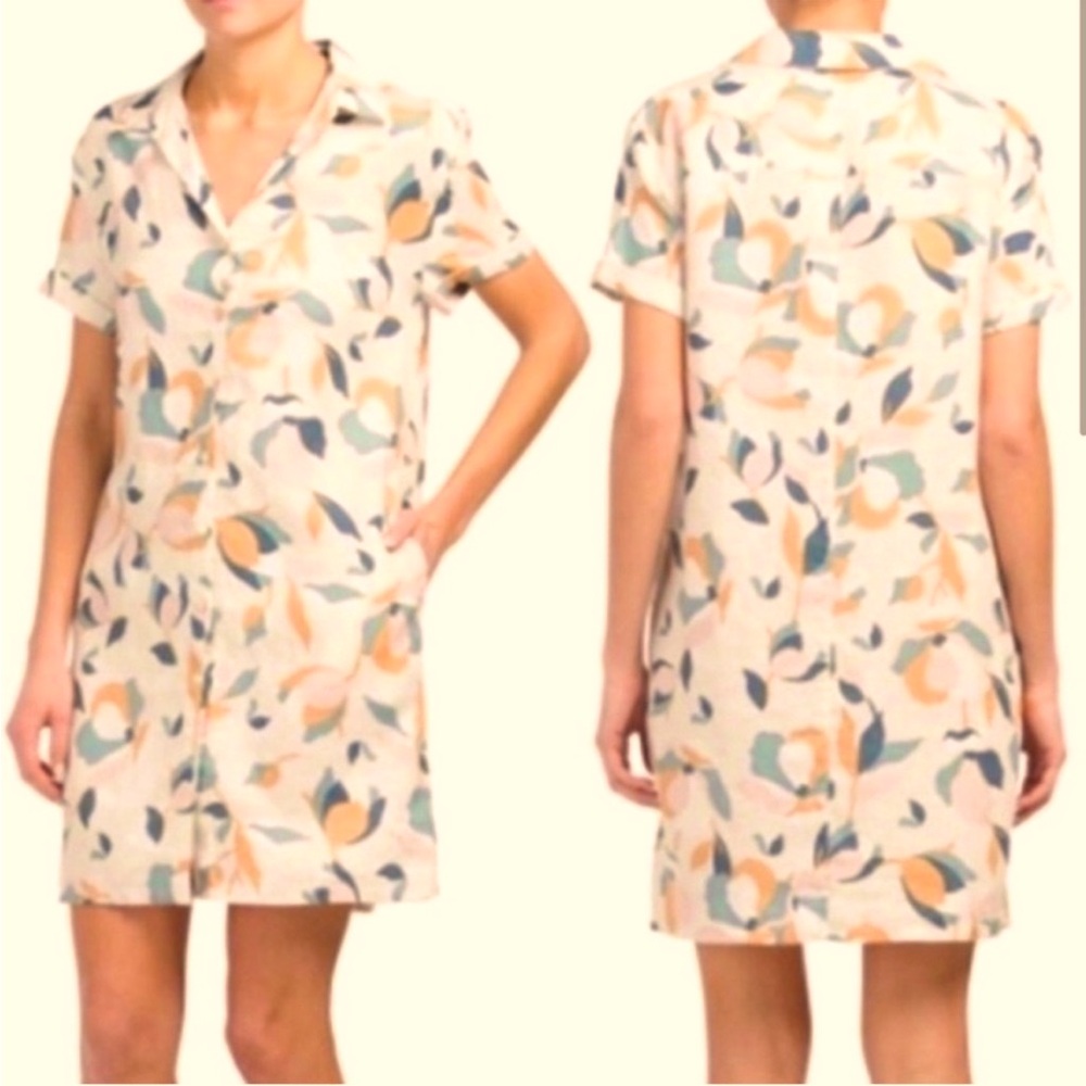 Rachel Zoe Tropical Print Linen Button Front Shirt Dress, Size M. 💯 Linen